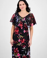 Connected Petite Printed Cape-Overlay Midi Dress