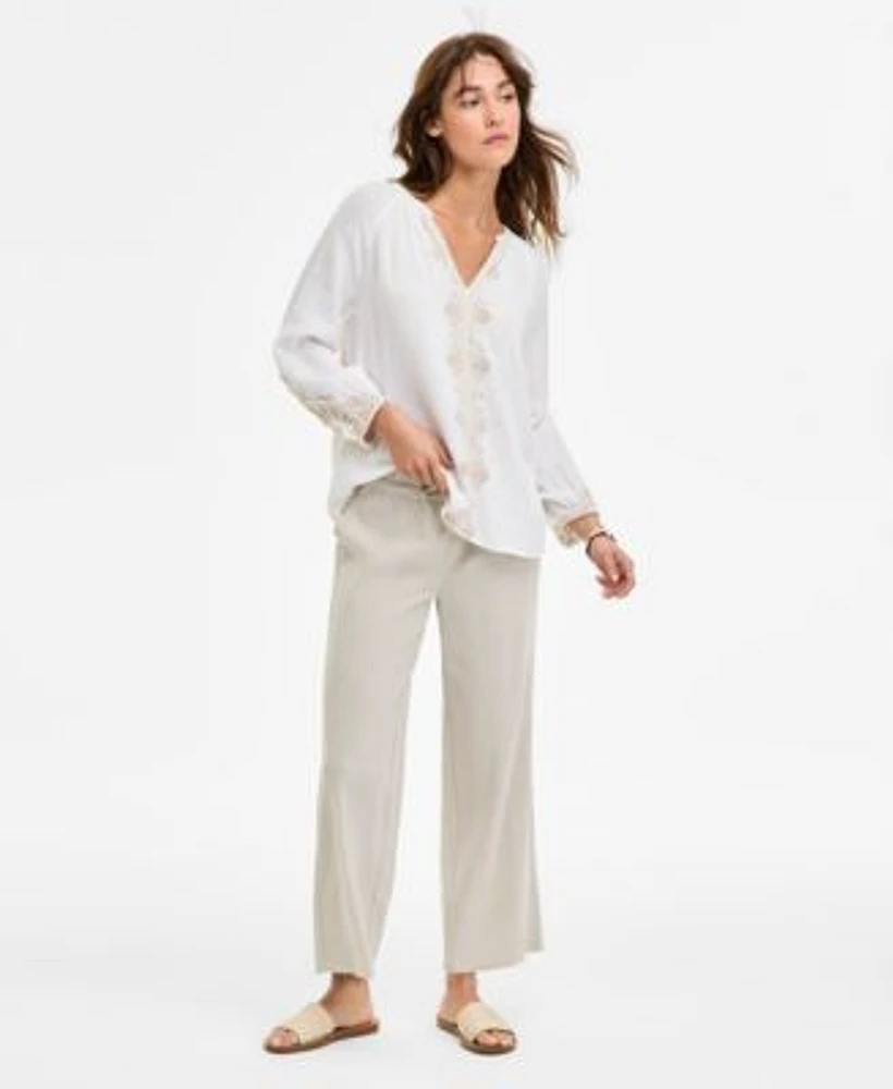 Liverpool Los Angeles Womens Embroidered Cotton Top Pull On Wide Leg Cropped Pants