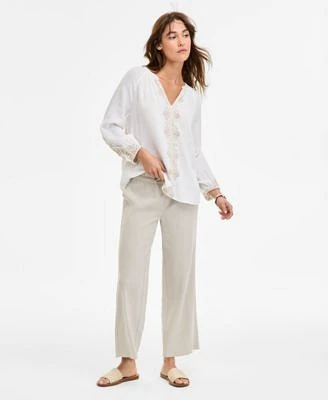 Liverpool Los Angeles Womens Embroidered Cotton Top Pull On Wide Leg Cropped Pants