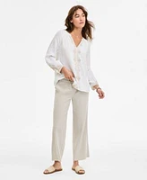 Liverpool Los Angeles Womens Embroidered Cotton Top Pull On Wide Leg Cropped Pants