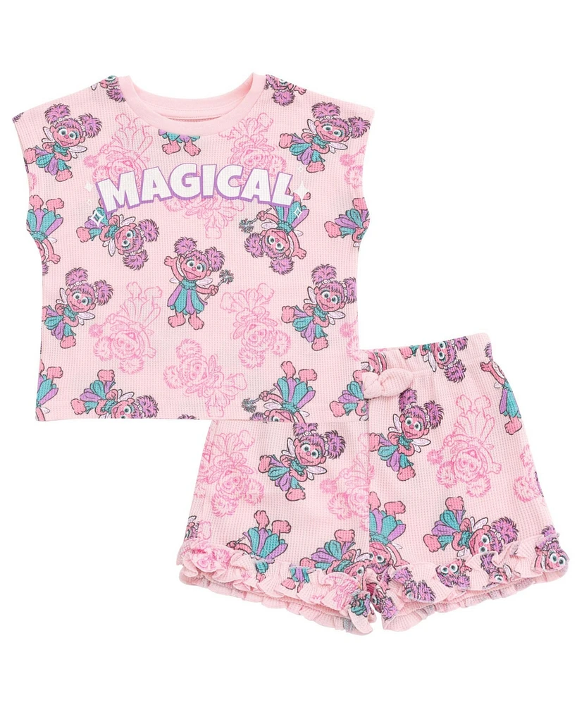 Sesame Street Little Girls Abby Cadabby Waffle Knit T-Shirt and Shorts Outfit Set