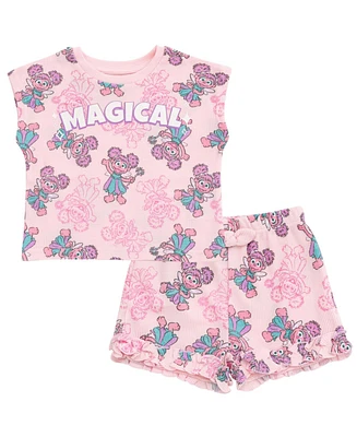 Sesame Street Little Girls Abby Cadabby Waffle Knit T-Shirt and Shorts Outfit Set