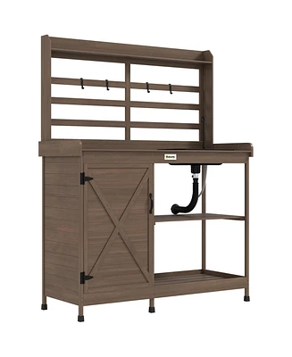 Outsunny Wooden Potting Bench with Storage, Sink, Water Tap, Natural