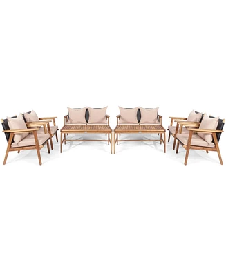 Gymax 8 Piece Patio Conversation Set Outdoor Furniture Set w/ Cushion & Wood Frame