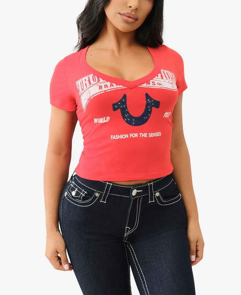 True Religion Women's Crystal Logo V-Neck Baby T-Shirt