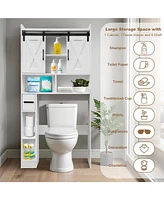 Over The Toilet Storage Cabinet, Bathroom Storage Organizer with Barn Doors and Adjustable Shelves, Farmhouse Space-Saving Toilet Rack with Paper Towe