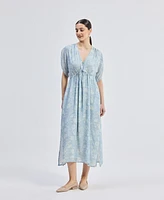 Reistor Women's Maxi Gathered Dress Blue Florals