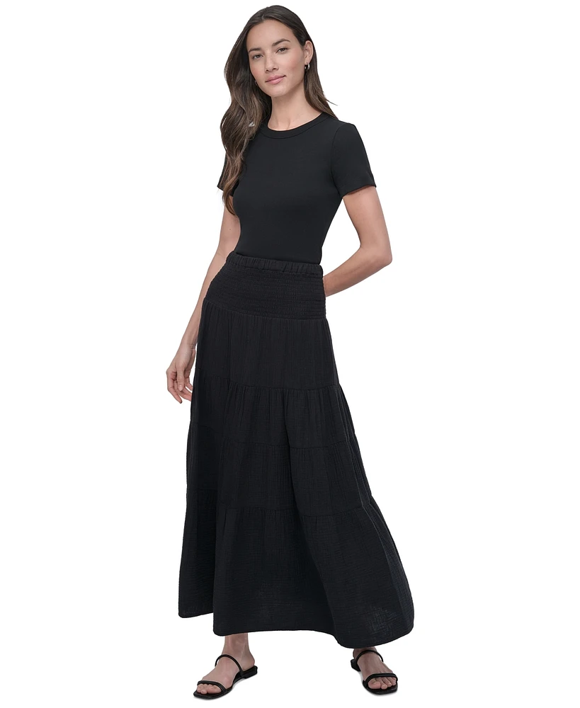 Dkny Jeans Petite Cotton Smocked-Waist Tiered Maxi Skirt