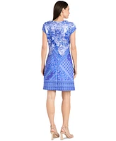 R & M Richards Petite Printed Split-Neck Cap-Sleeve Dress