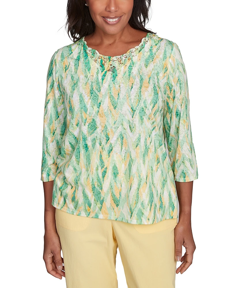 Alfred Dunner Petite Rise & Shine Bright Textured Strokes Embellished Top