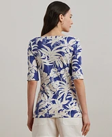Lauren Ralph Petite Palm-Frond-Print Cotton Boatneck Tee