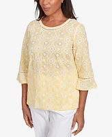Alfred Dunner Petite Rise & Shine Embroidered Floral Eyelet Bell Sleeve Top