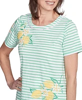 Alfred Dunner Petite Rise & Shine Lemon Printed Striped Top