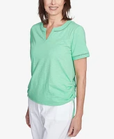 Alfred Dunner Petite Rise & Shine Dot Lace Trimmed Short Sleeve Top