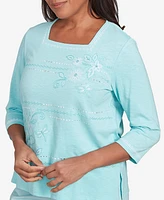 Alfred Dunner Petite St. Thomas Asymmetrical Dragonfly Embroidery Top