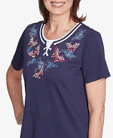 Alfred Dunner Petite Land of The Free Butterfly Criss-Cross Crew Neck Top