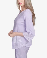 Alfred Dunner Petite Crystal Springs Floral Embroidered Eyelet Sleeve Top