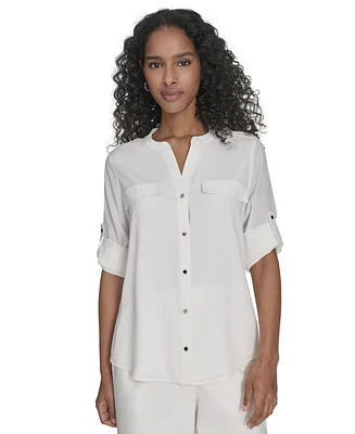 Calvin Klein Petite Split-Neck Button-Front Shirt