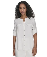 Calvin Klein Petite Split-Neck Button-Front Shirt