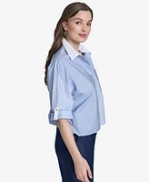 Halston Women's Striped Cotton Roll-Tab-Sleeve Button-Front Shirt