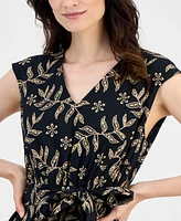 Kasper Women's Printed Leaf-Print Cotton Midi Dress