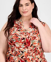 Kasper Plus Printed Pleat-Neck Top