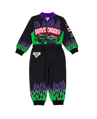Monster Jam Toddler Boys Grave Digger French Terry Racing Zip Up Coverall to