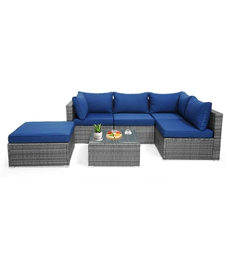 Gymax 6 Piece Outdoor Rattan Sectional Sofa Set Patio Conversation Furniture Set w/ Cushions