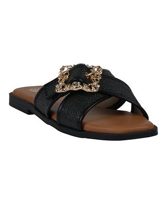 Gc Shoes Women's Ivy Embellished Buckle Slide Flat Sandals