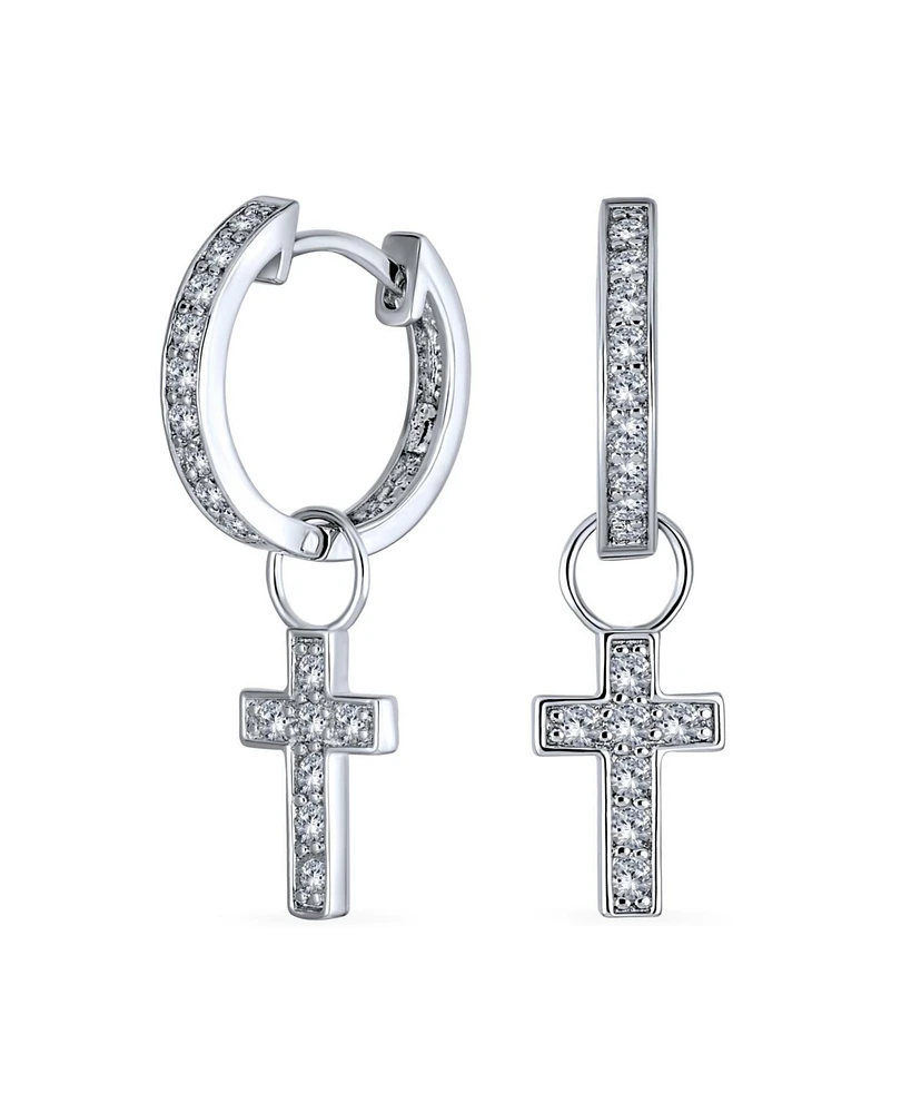 Bling Jewelry Tiny Cross Communion Kpop Huggie Dangle Chandelier Earrings Cz Hoop Set Gold Plated
