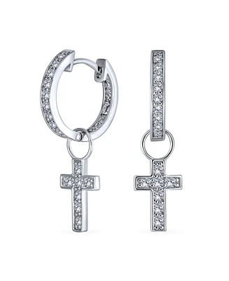 Bling Jewelry Tiny Cross Communion Kpop Huggie Dangle Chandelier Earrings Cz Hoop Set Gold Plated