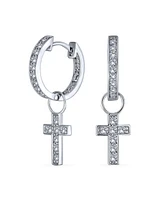 Bling Jewelry Tiny Cross Communion Kpop Huggie Dangle Chandelier Earrings Cz Hoop Set Gold Plated