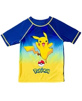 Pokemon Boys Pikachu Upf 50+ Rash Guard Swim Trunks Outfit Set to