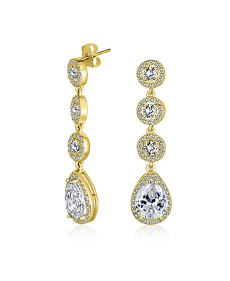 Bling Jewelry Classic Jewelry Fashion Statement Triple Round Pave Cz Halo Long Linear Pear Shape Dangle Teardrop Chandelier Earrings Yellow Gold Silve