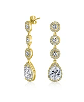 Bling Jewelry Classic Jewelry Fashion Statement Triple Round Pave Cz Halo Long Linear Pear Shape Dangle Teardrop Chandelier Earrings Yellow Gold Silve