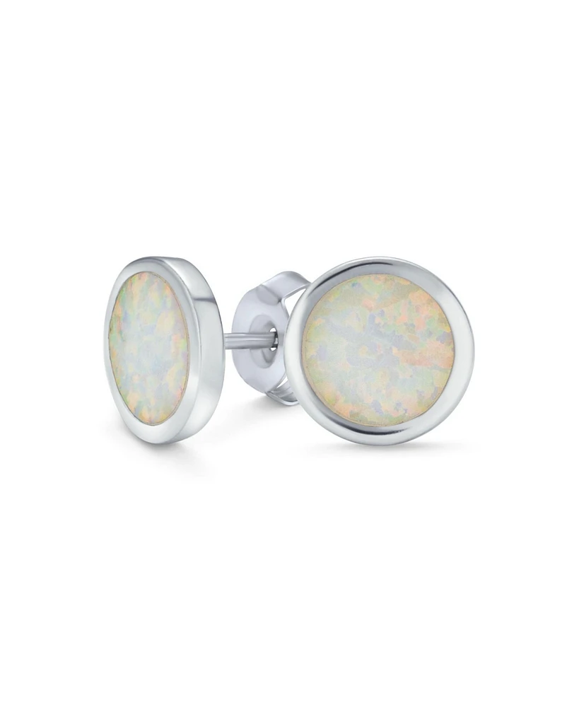 Bling Jewelry Classic Simple Iridescence Bezel Setting Flat Round Circle Created White Opal Stud Earrings .925 Sterling Silver Large 9MM