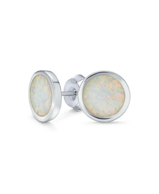 Bling Jewelry Classic Simple Iridescence Bezel Setting Flat Round Circle Created White Opal Stud Earrings .925 Sterling Silver Large 9MM