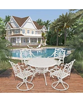 5-Piece Cast Aluminum Outdoor Conversation Set Outdoor Dining Table with Umbrella Hole Outdoor Swivel Rockers Patio Dining Chairs in White