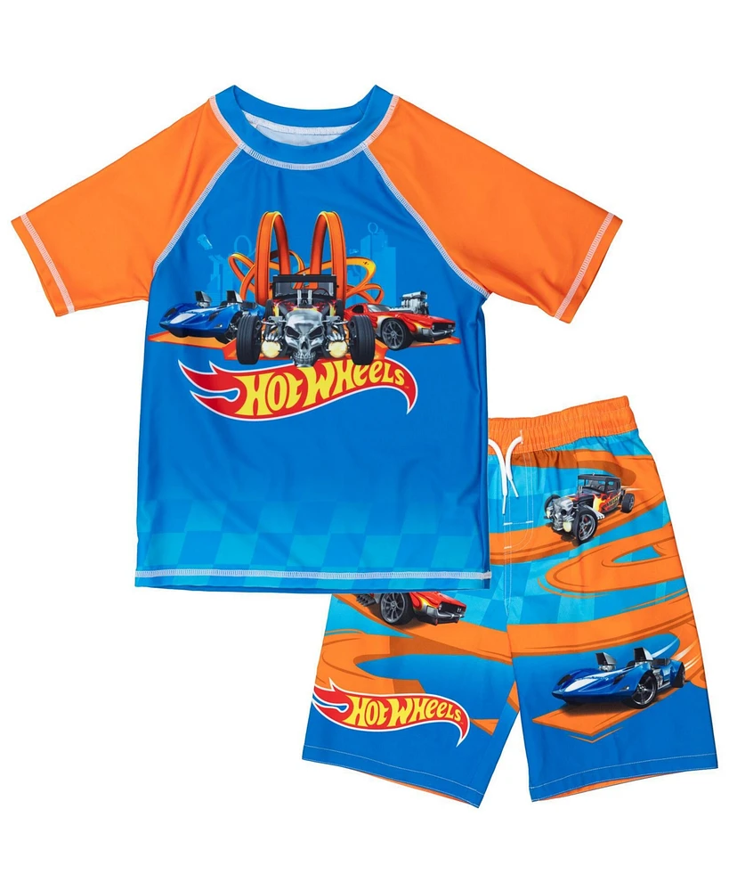 Hot Wheels Boys Upf 50+ Pullover Rash Guard and Swim Trunks Outfit Set to