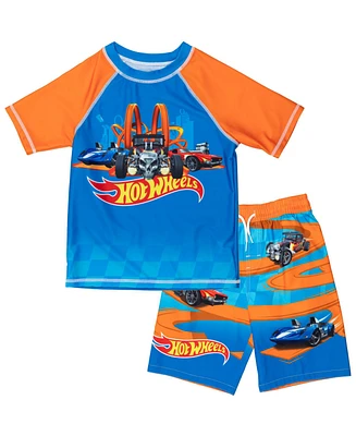 Hot Wheels Boys Upf 50+ Pullover Rash Guard and Swim Trunks Outfit Set to