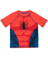 Spider-Man Boys Marvel Upf 50+ Cosplay Rash Guard and Swim Trunks Outfit Set