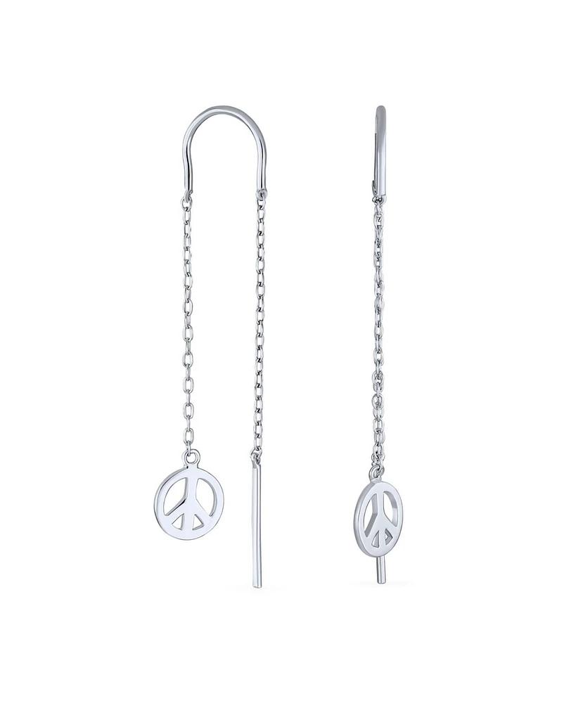 Bling Jewelry Tiny World Peace Sign Dangle Earrings Lightweight Long Flat Chain Threader Sterling Silver