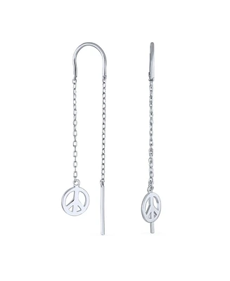 Bling Jewelry Tiny World Peace Sign Dangle Earrings Lightweight Long Flat Chain Threader Sterling Silver