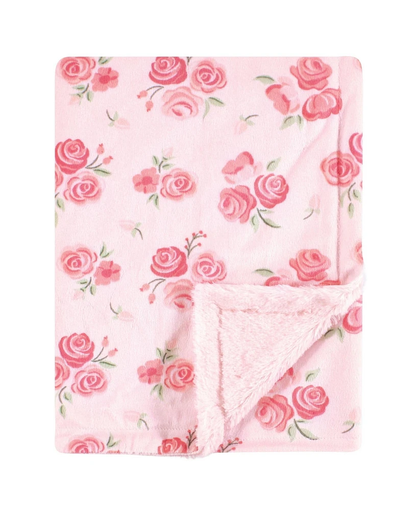 Hudson Baby Infant Girl Plush Blanket with Furry Binding and Back, Blush Rose, One Size