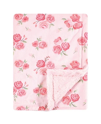 Hudson Baby Infant Girl Plush Blanket with Furry Binding and Back, Blush Rose, One Size