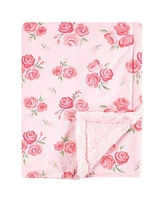 Hudson Baby Infant Girl Plush Blanket with Furry Binding and Back, Blush Rose, One Size