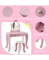 Kid Vanity Table Stool Set with Oval Rotatable Mirror