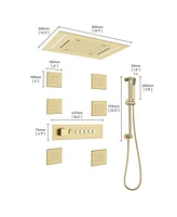 Mondawe Thermostatic Flush Ceiling Mounted Complete Shower System with Led Lights, Body Jets and Slide Bar