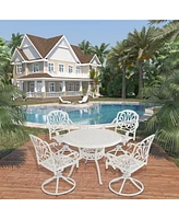 5-Piece Cast Aluminum Outdoor Dining Set Patio Table with Umbrella Hole Outdoor Swivel Rockers Patio Dining Chairs in White