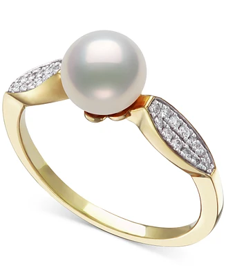 Belle de Mer Cultured Freshwater Pearl (7mm) & Diamond (1/6 ct. t.w.) Leaf Accent Ring in 10k Gold